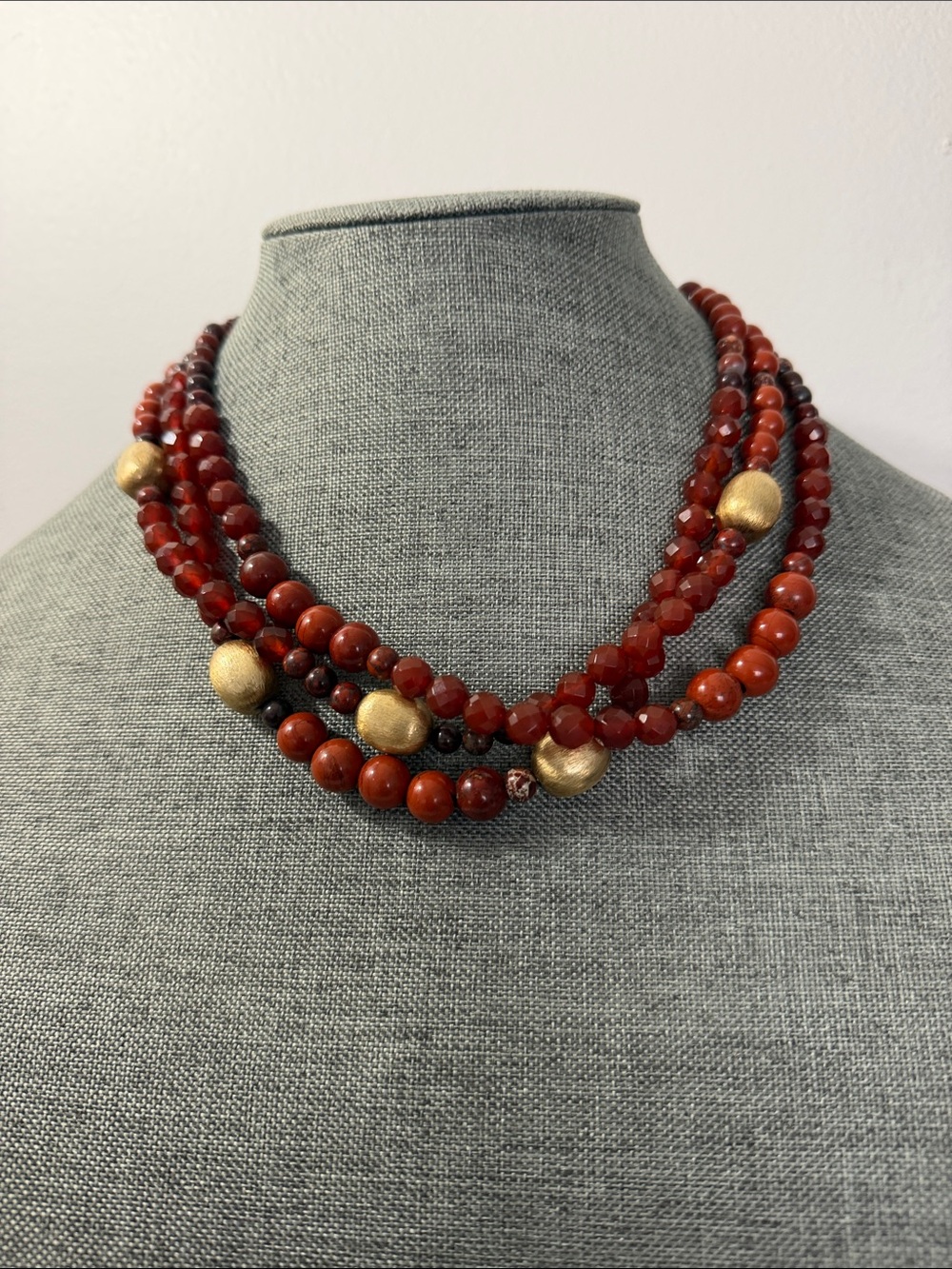 Multi-Strand Red Beaded Necklace with Gold Accent Beads - Women Jewelry